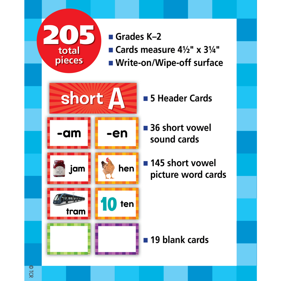 Short Vowels Pocket Chart Cards Write - on/ Wipe - off (205 cards)