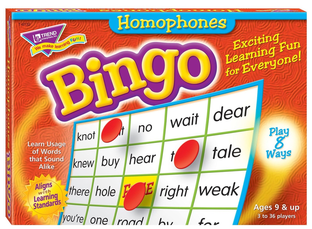 Homophones Bingo Build spelling &amp; Voc. Ages 9 &amp; up Play 8 ways (36cards)