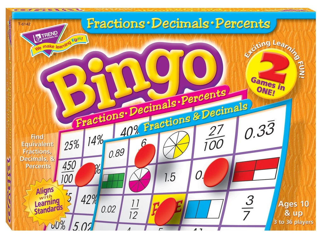 Fractions, Decimals, &amp; Percents Bingo Ages 10 &amp; up    (2-sided)(44word and marks)