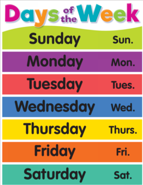 COLORFUL DAYS OF THE WEEK CHART  17''x22''(43cmx55cm)