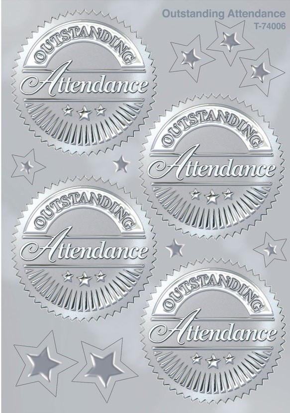 Outstanding Attendance (Silver) Award Seals Stickers (5cm)   (8 sheets)  32 seals