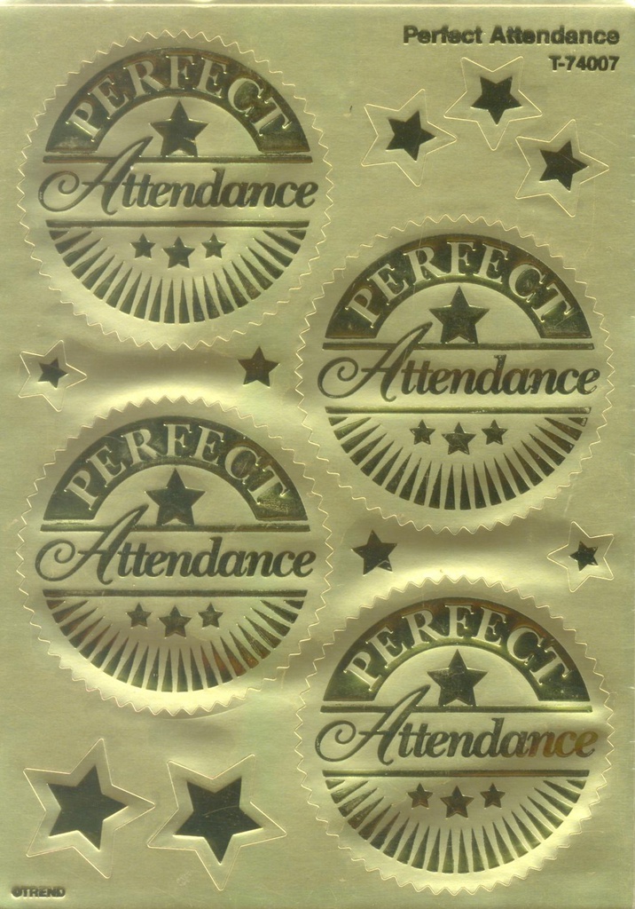 Perfect Attendance (Gold) Award Seals Stickers (5cm)   (8 sheets)  32 seals