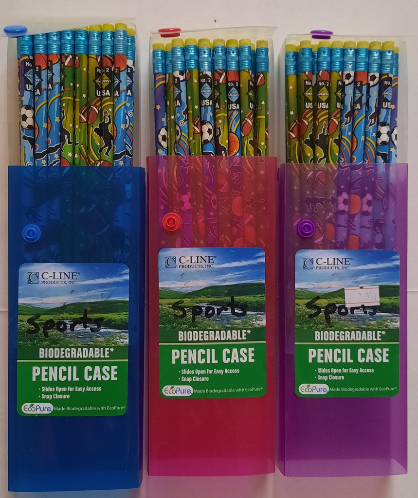 SLIDING PENCIL CASE w/9 pencils &amp; 3 pens (SPORTS)