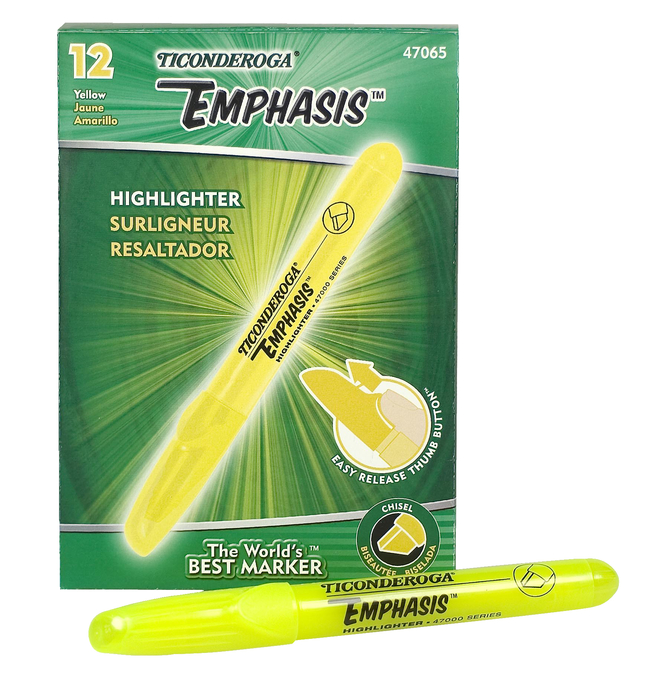 TICONDEROGA Emphasis Highlighter -Desk Style-Chisel Tip-Yellow 12Ct