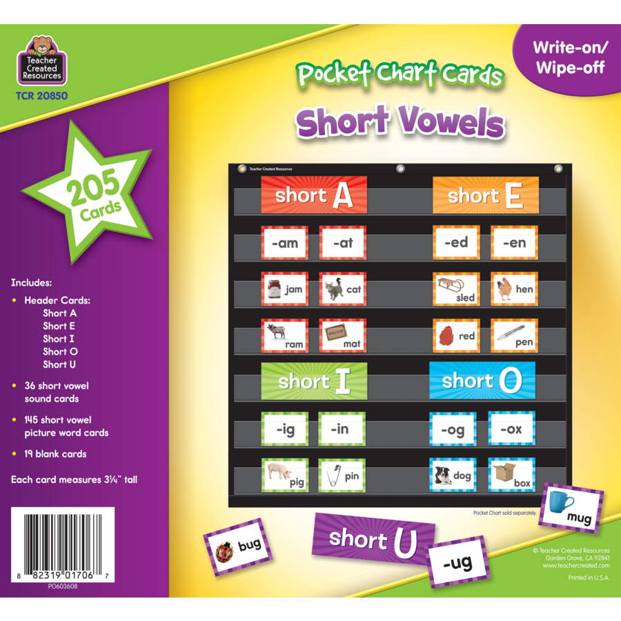 Short Vowels Pocket Chart Cards Write - on/ Wipe - off (205 cards)