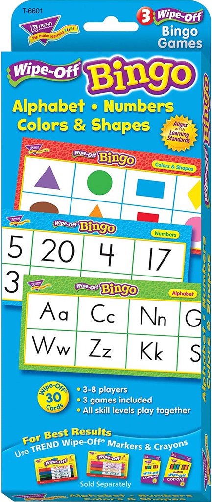 ALPHABET/NUMBERS/COLORS &amp; SHAPES WIPE-OFF BINGO GAME (8 Two-sided cards)
