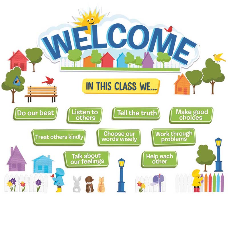 A TEACHABLE TOWN IN THIS CLASS WELCOME SET BULLETIN BOARD SET (35 pcs)