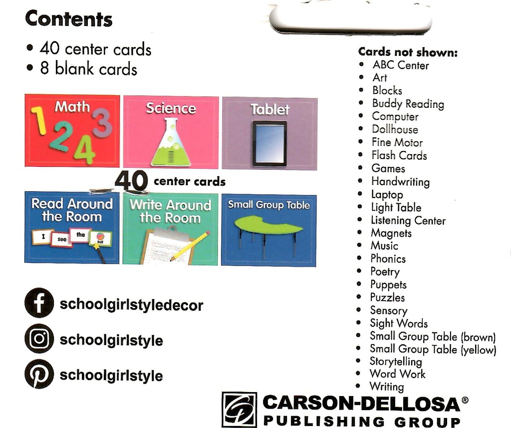 Center Cards Mini Bulletin Board Set (includes 40 Center cards & 8 ...