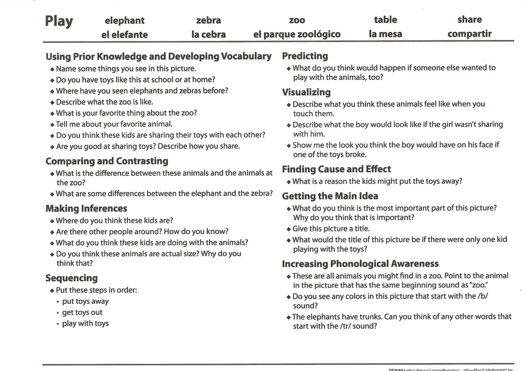 Early Literacy Comprehension Learning Cards PreK-2 (ELL)  (28cmx21.5cm)(11''x8.5'')(12 cards)(ENGLISH/SPANISH)