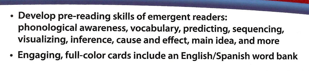 Early Literacy Comprehension Learning Cards PreK-2 (ELL)  (28cmx21.5cm)(11''x8.5'')(12 cards)(ENGLISH/SPANISH)