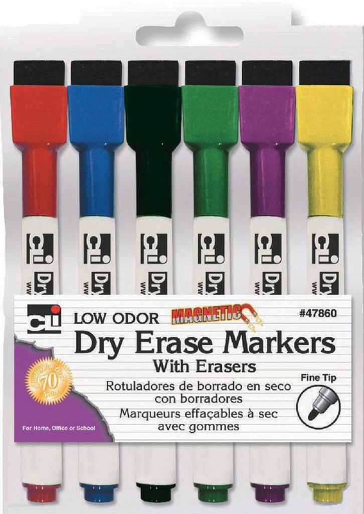 Magnetic Dry Erase Markers with Eraser, low odor, fine tip (6colors)