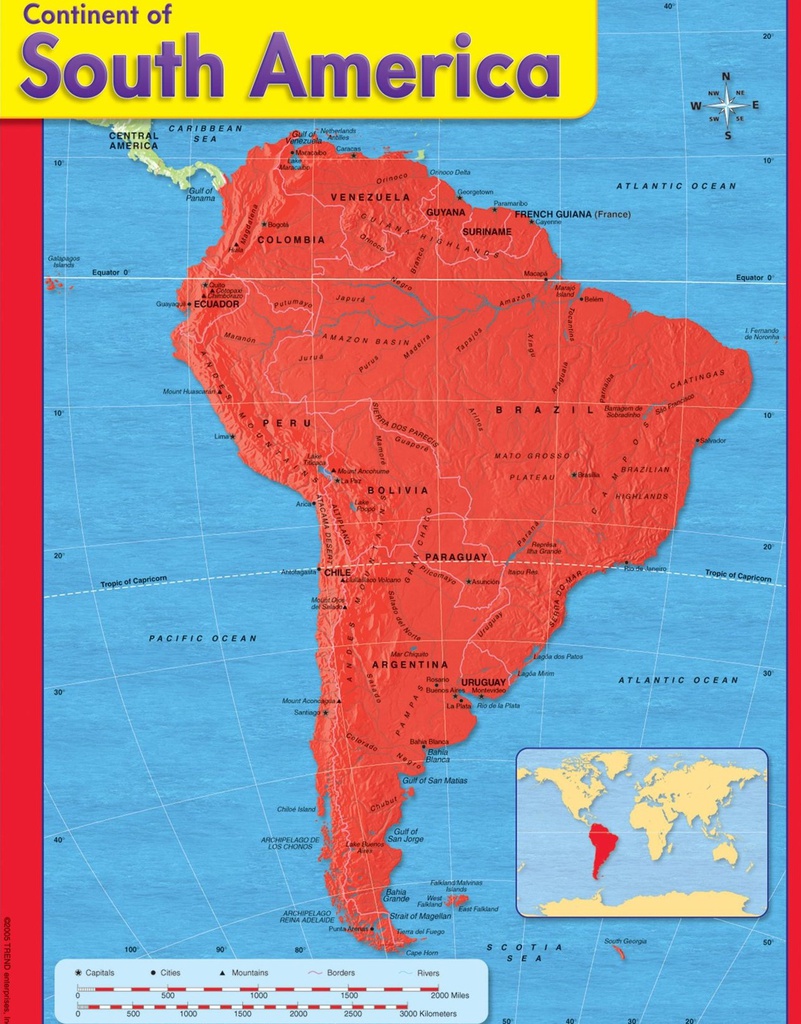 Continent of South America Chart (55cmx 43cm)(22''x17'')